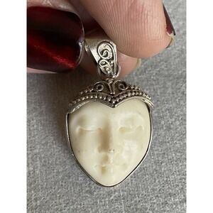 Vintage 925 Sterling Silver Carved Gemstone Goddess Pendant Estate Jewelry